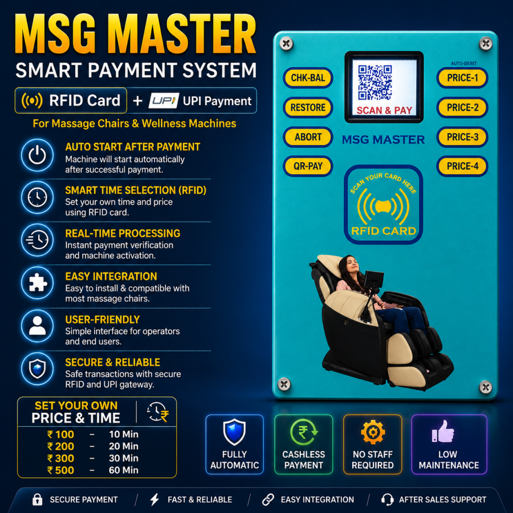MSG Master smart payment system for massage chairs featuring RFID card and UPI payment options.