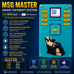 MSG Master smart payment system for massage chairs featuring RFID card and UPI payment options.