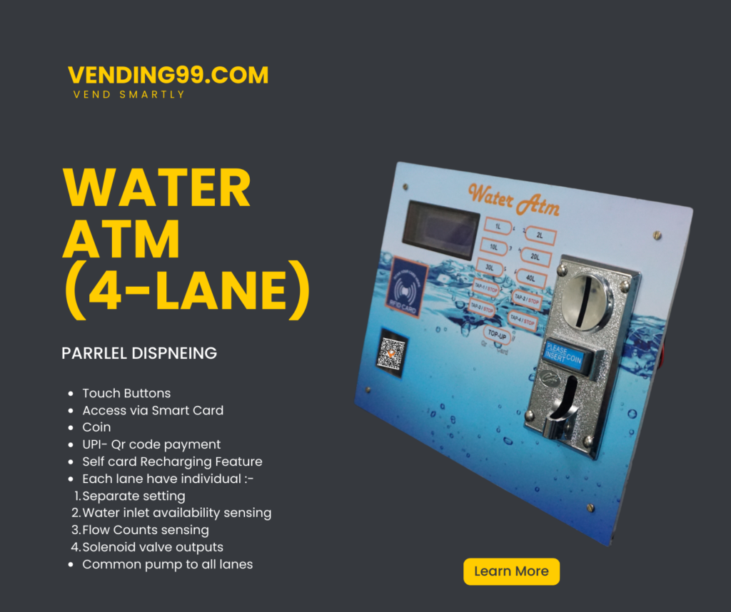 Water ATM controller for 4 lane parallel dispensing, with features such as automated water dispensing, real-time monitoring, and payment processing.
