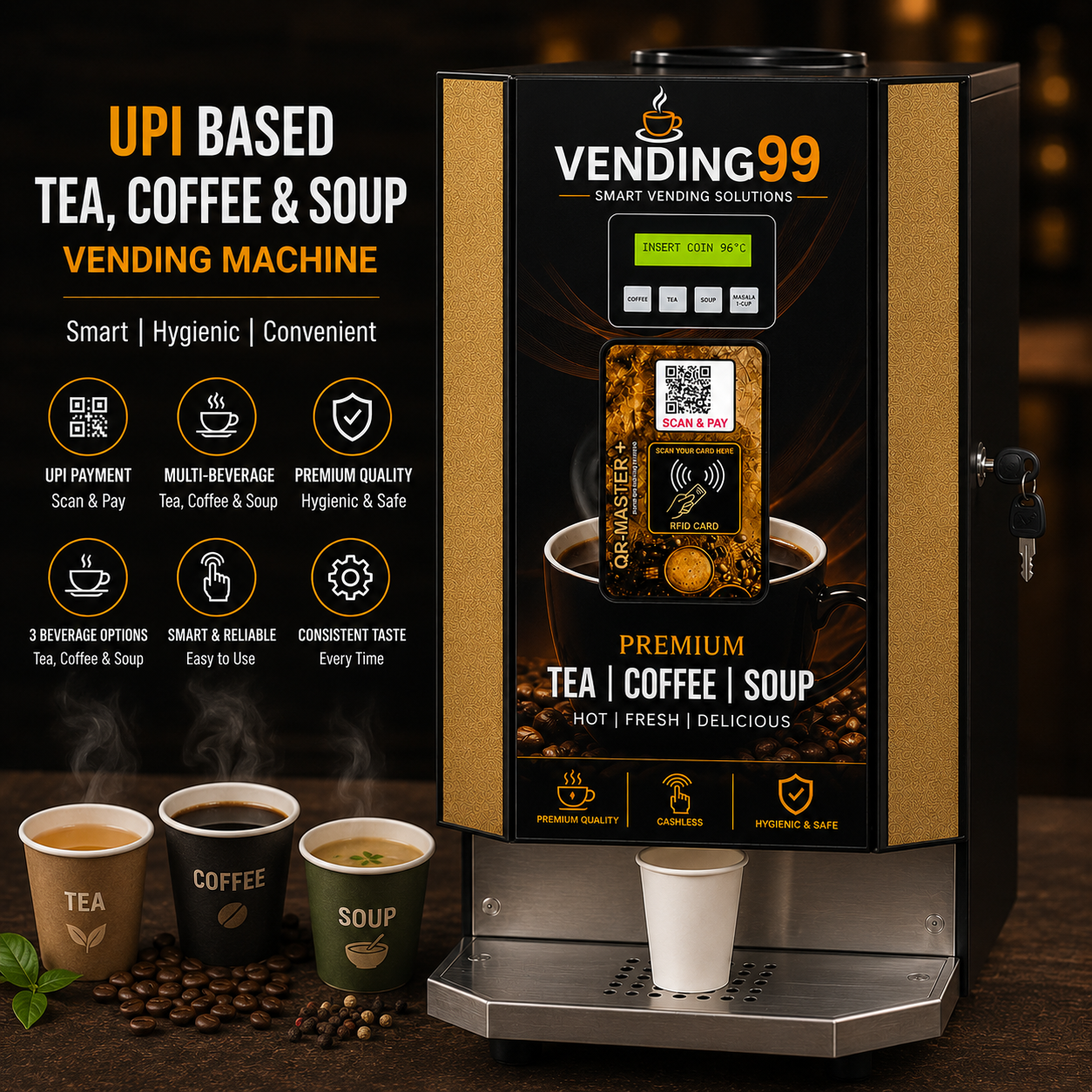 UPI Based Tea Coffee Vending Machine | Cashless Smart Beverage Dispenser UPI payment enabled tea coffee vending machine with digital cashless system for office and commercial use