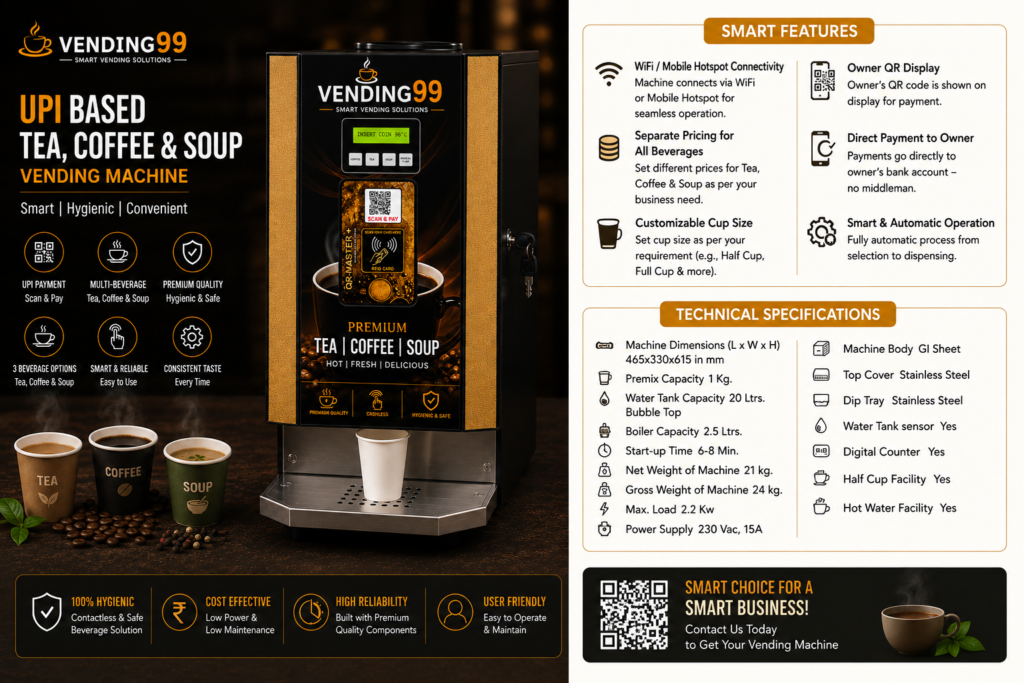 UPI payment enabled tea coffee vending machine with digital cashless system for office and commercial use
