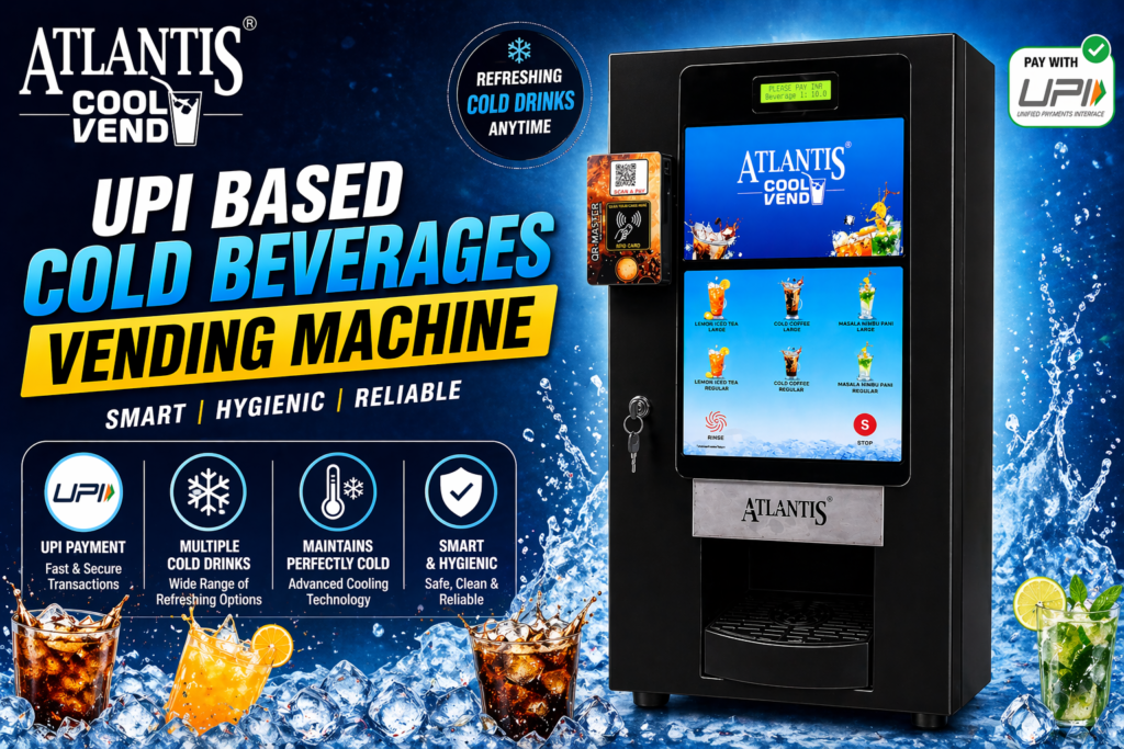 UPI cold beverage vending machine serving cold coffee ice tea and masala nimbu paani with WiFi