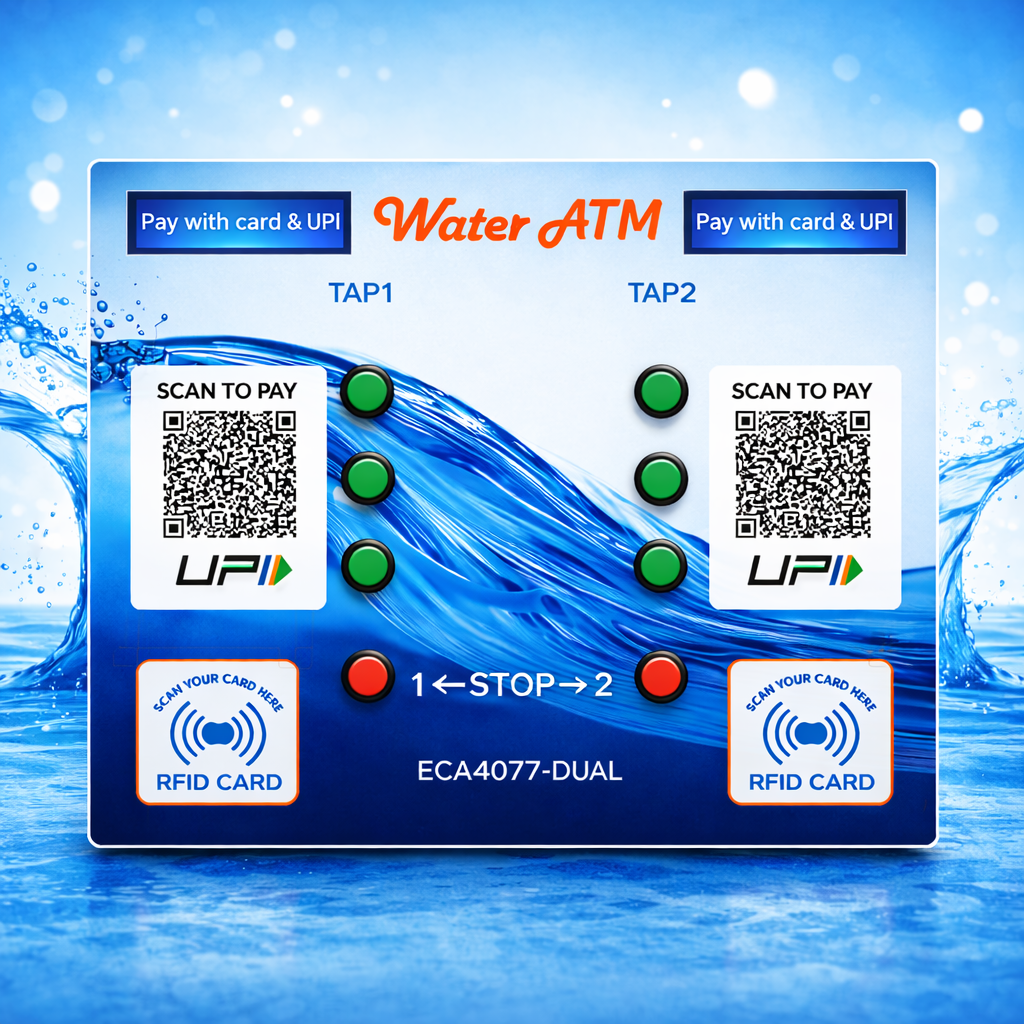 h2o-master-dual-tap-water-atm-card-upi-integrated Dual tap H2O Master water ATM machine featuring RFID card reader and UPI QR code payment system for automated drinking water dispensing.