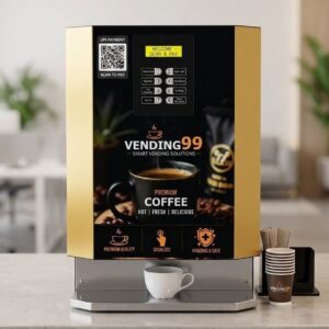 Vending99 smart coffee and tea vending machine with UPI QR code scan and RFID card payment system.