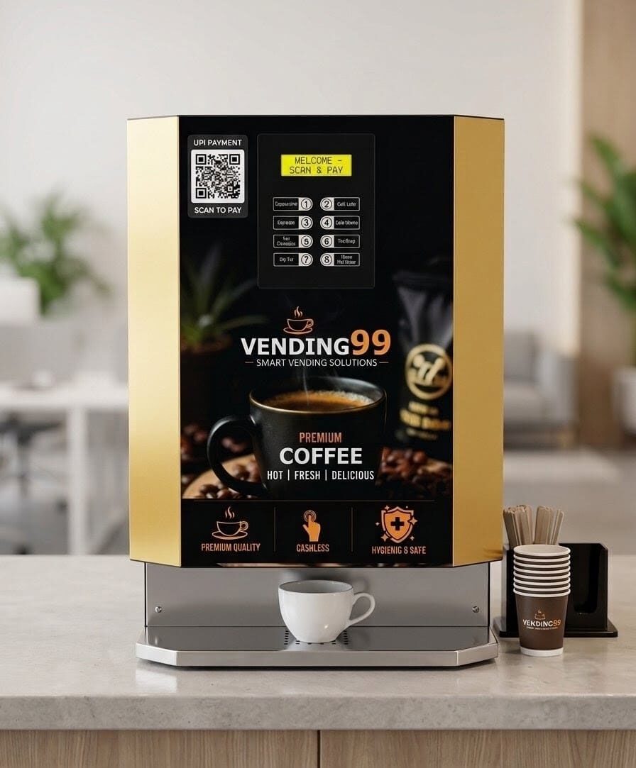 Vending99-Smart-Coffee-Tea-Vending-Machine-UPI-Cashless Vending99 smart coffee and tea vending machine with UPI QR code scan and RFID card payment system.