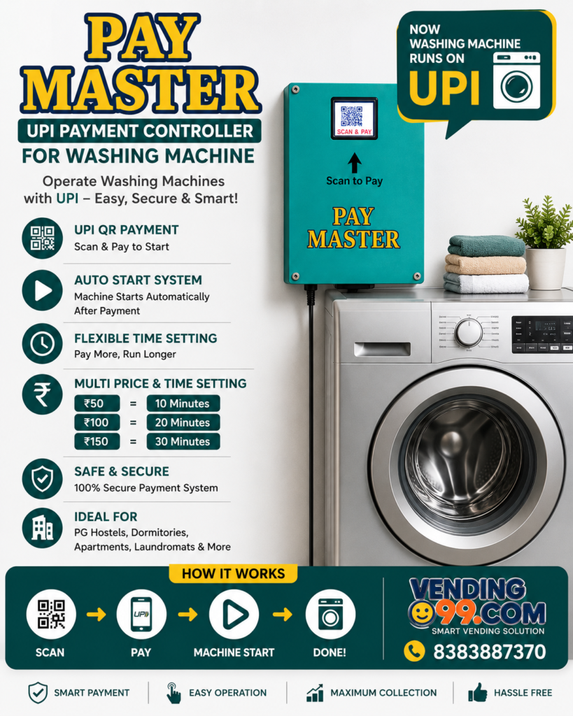 UPI based washing machine payment system PAY MASTER with QR scan and pay feature for automatic operation