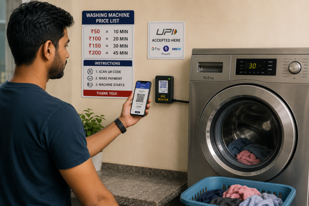 Man scanning UPI QR code on Pay Master device installed on washing machine with price list in laundromat