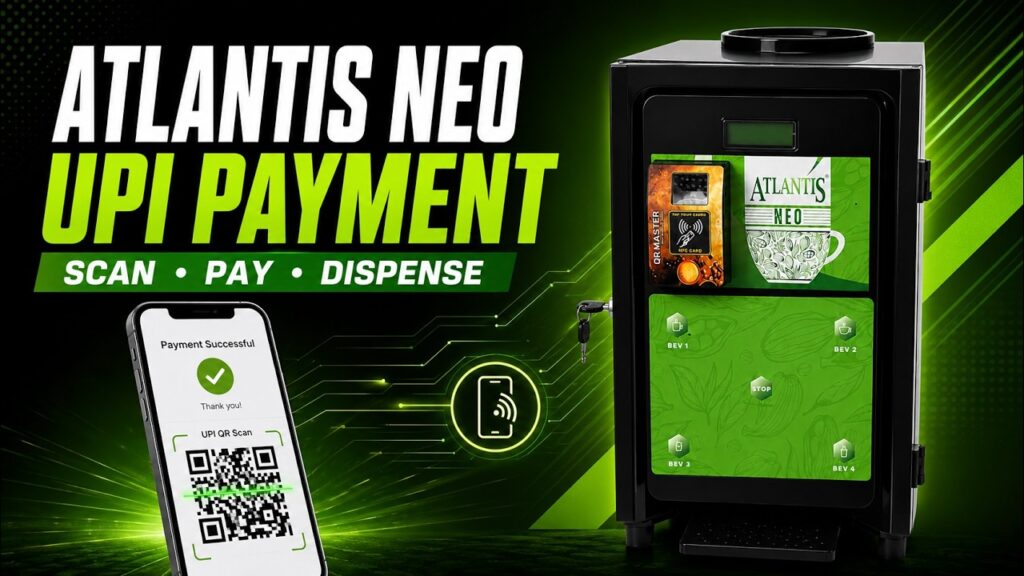 Alt Text: Atlantis UPI based tea coffee vending machine with QR code payment